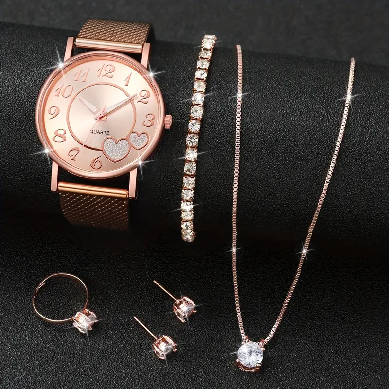 6 pcs Women's Cute Heart Quartz Watch & Jewelry Set