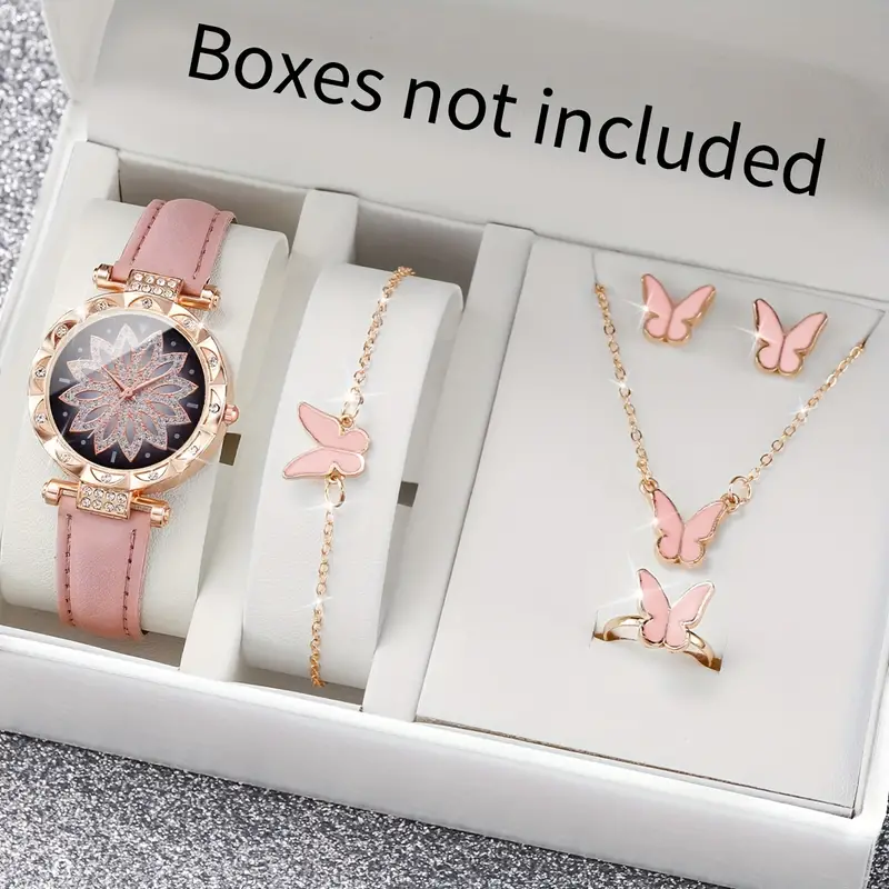 6 pcs Women's Luxury Watch & Butterfly Jewelry Set