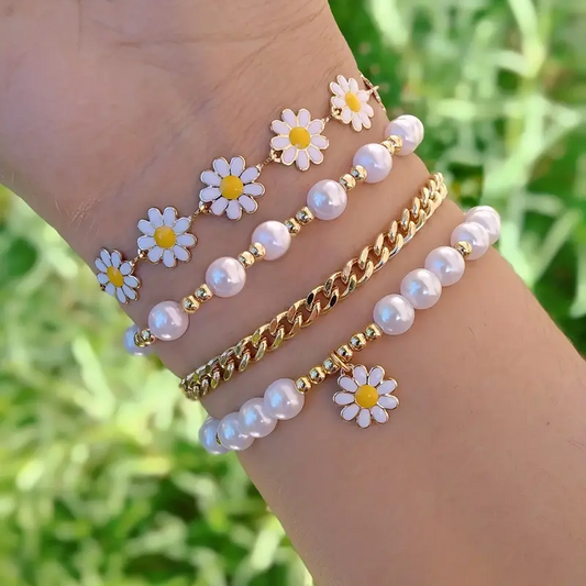 Daisy Flower Charm & Pearl Chain Bracelet