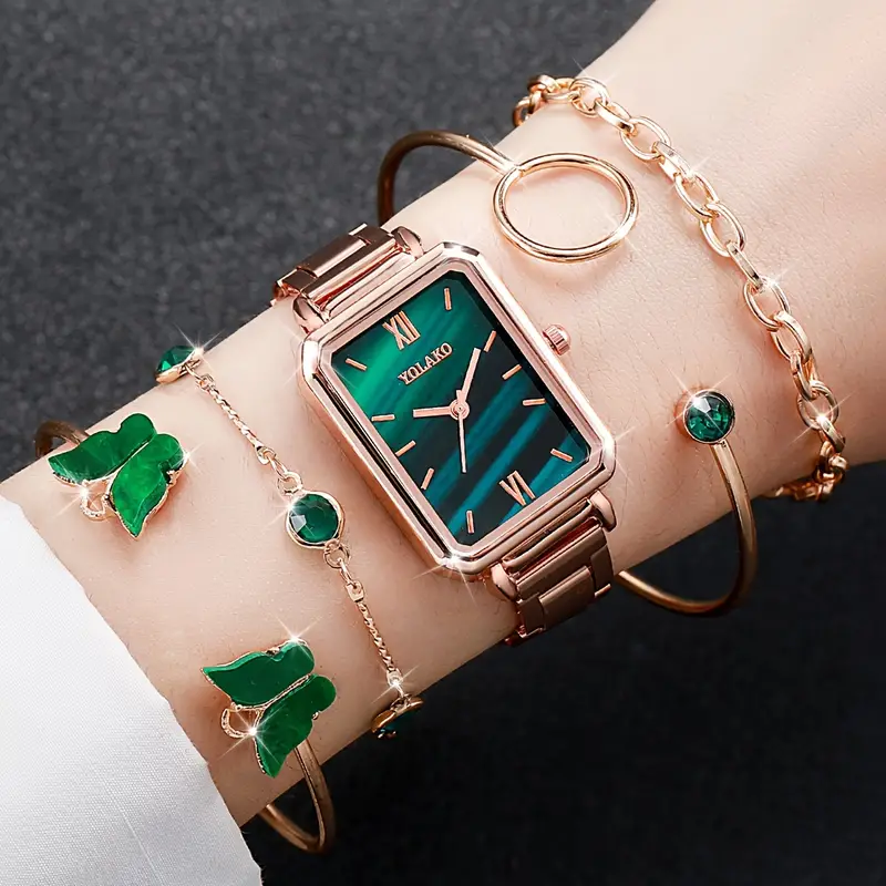 5 pcs Women's Casual Rectangle Pointer Quartz Watch & Bracelets