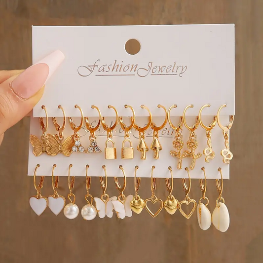 12 Pairs Golden Heart Butterfly Earrings Set