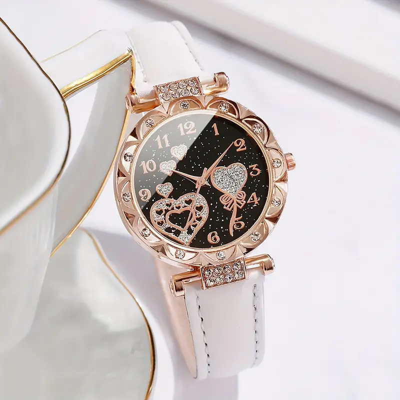 5 pcs Women's Watch Shiny Rhinestone Heart Watch & Jewelry Set