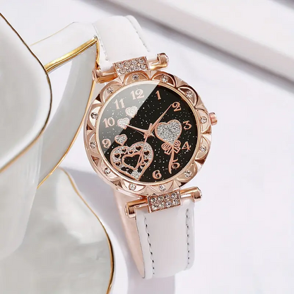 5 pcs Women's Watch Shiny Rhinestone Heart Watch & Jewelry Set