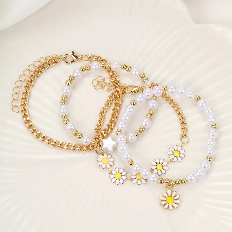 Daisy Flower Charm & Pearl Chain Bracelet