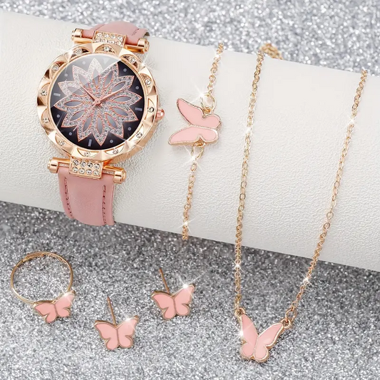 6 pcs Women's Luxury Watch & Butterfly Jewelry Set