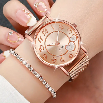 6 pcs Women's Cute Heart Quartz Watch & Jewelry Set