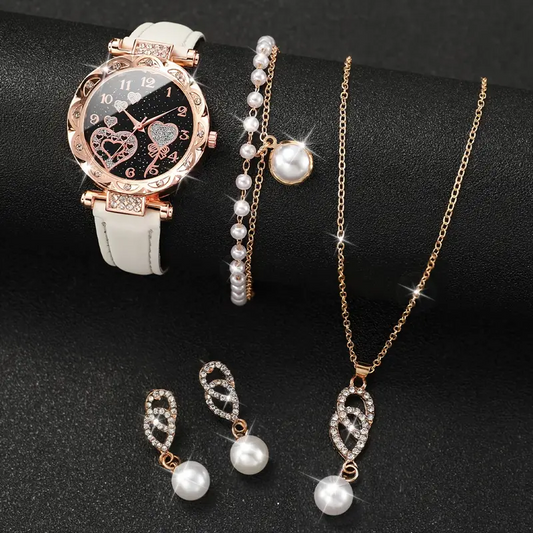 5 pcs Women's Watch Shiny Rhinestone Heart Watch & Jewelry Set