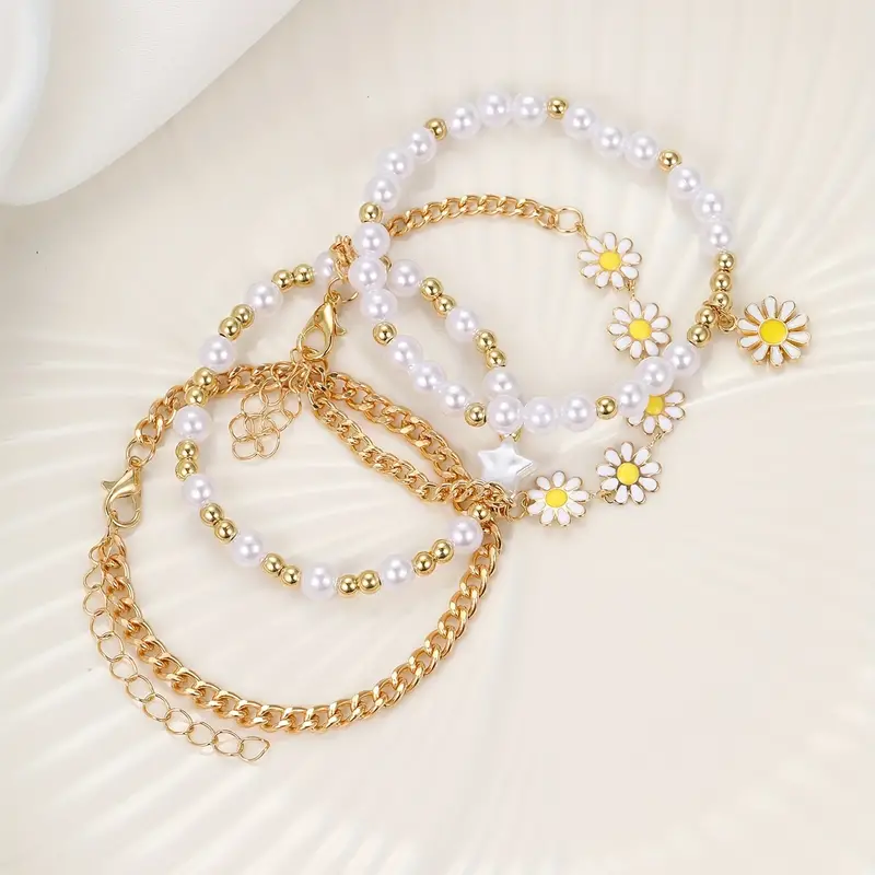 Daisy Flower Charm & Pearl Chain Bracelet