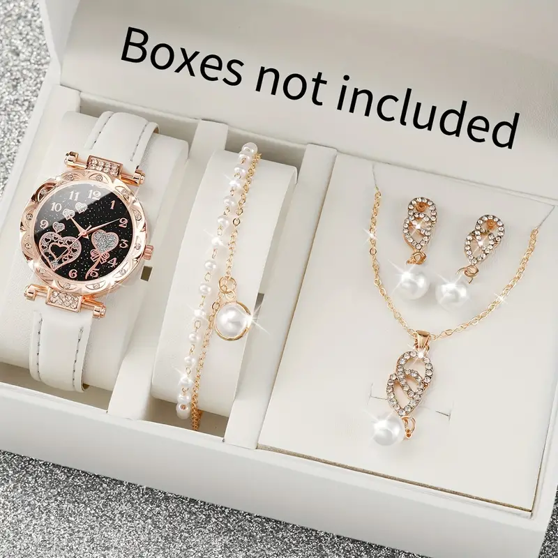 5 pcs Women's Watch Shiny Rhinestone Heart Watch & Jewelry Set