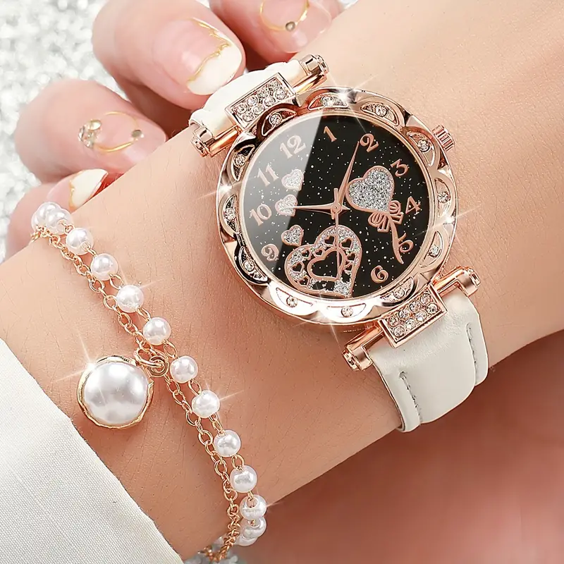 5 pcs Women's Watch Shiny Rhinestone Heart Watch & Jewelry Set