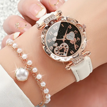 5 pcs Women's Watch Shiny Rhinestone Heart Watch & Jewelry Set