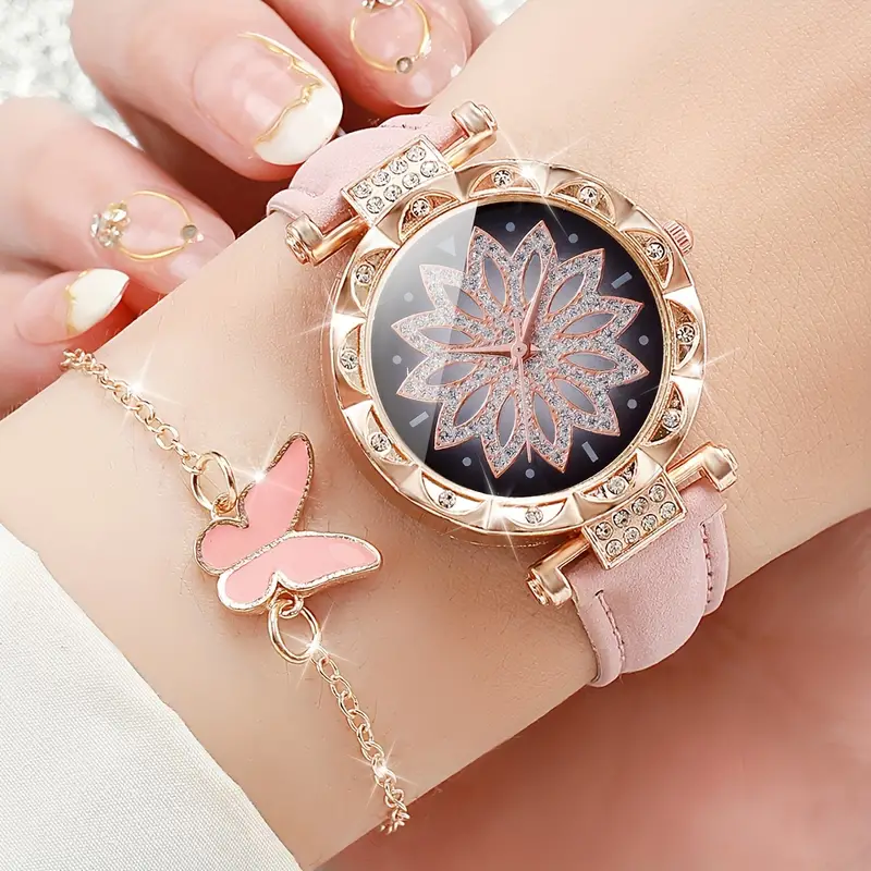 6 pcs Women's Luxury Watch & Butterfly Jewelry Set