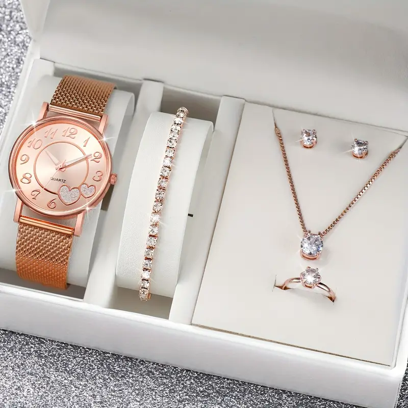 6 pcs Women's Cute Heart Quartz Watch & Jewelry Set