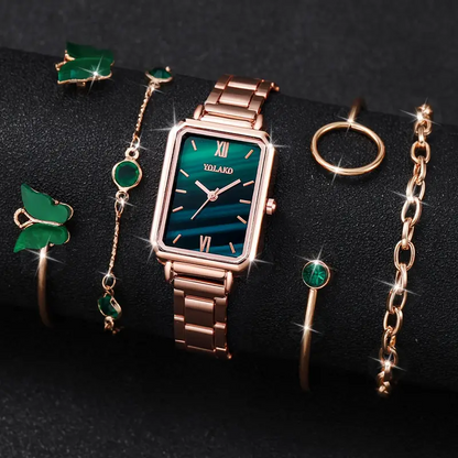 5 pcs Women's Casual Rectangle Pointer Quartz Watch & Bracelets